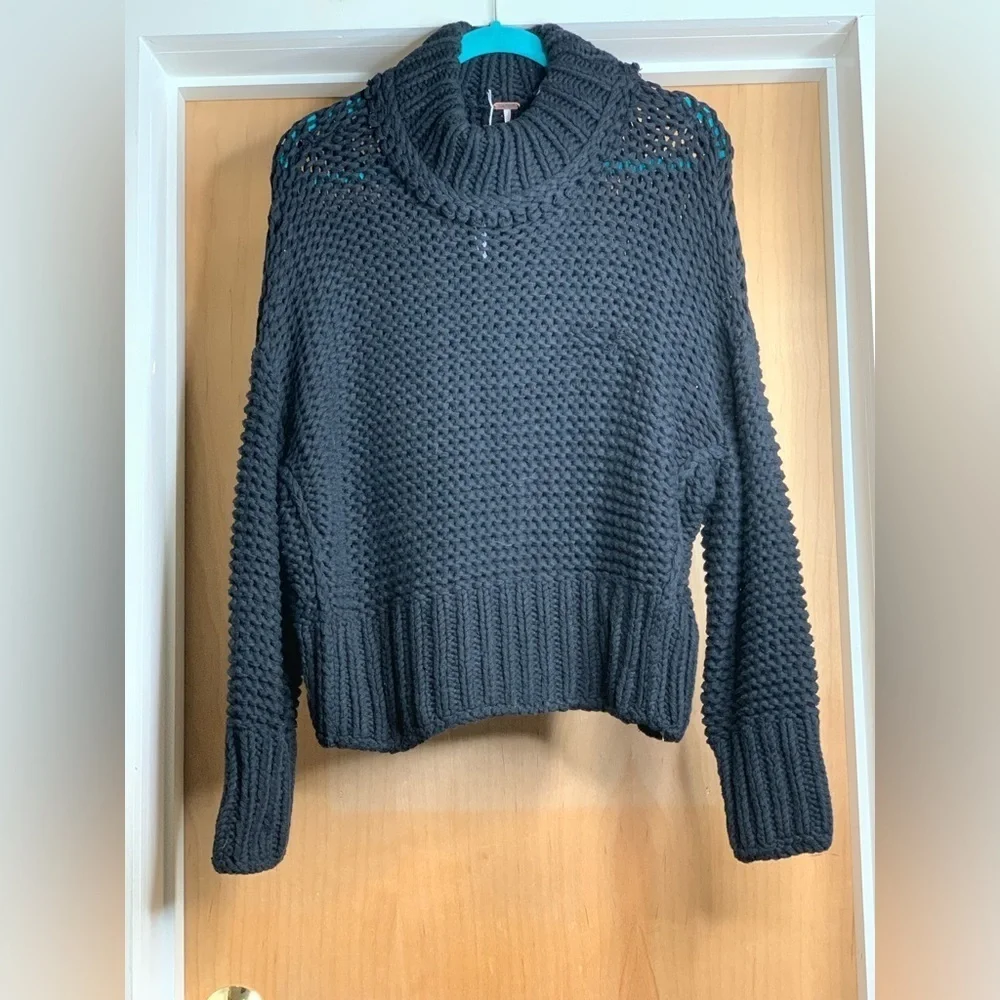 Free People Black Loose Knit High Neck Cotton Blend Sweater - size S